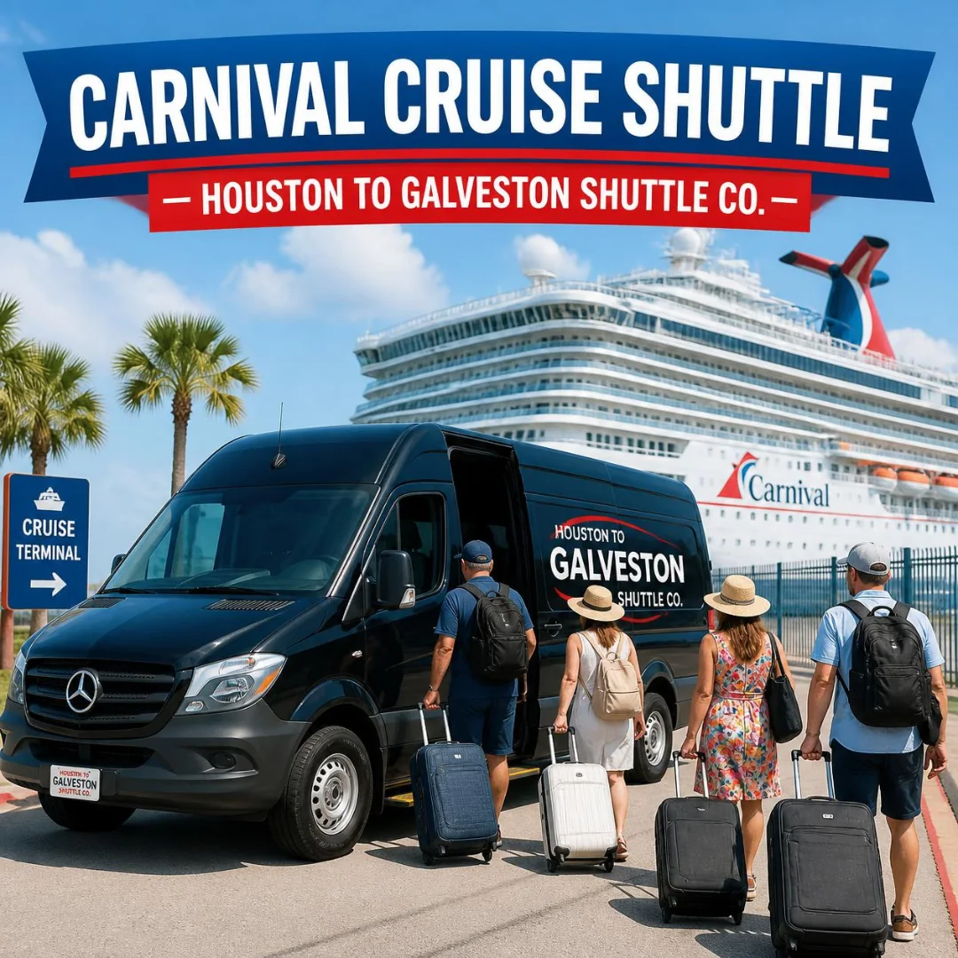 Carnival cruise passengers with luggage walking to a Houston to Galveston Shuttle Co. van at the Galveston cruise terminal
