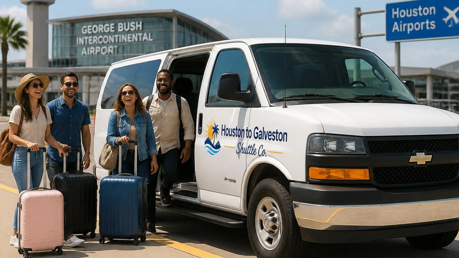 Houston airport shuttle passengers with luggage boarding at George Bush Intercontinental for the Galveston cruise port