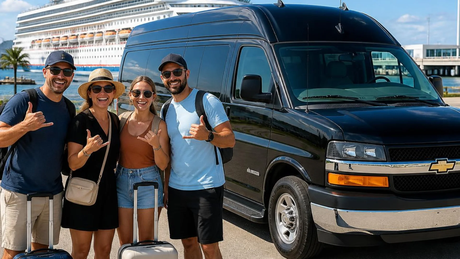 Cruise passengers arriving at the Port of Galveston with a pre-booked Houston to Galveston shuttle