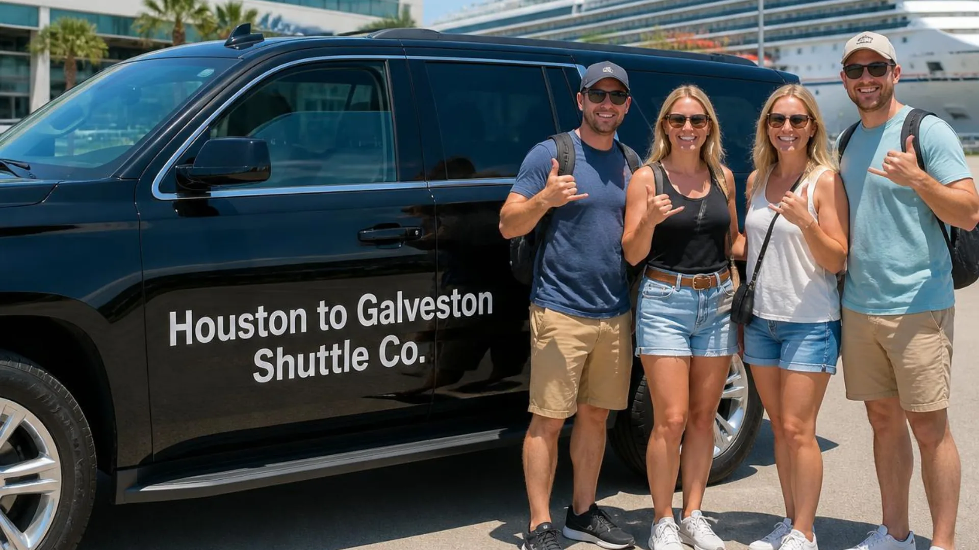 Four cruise passengers beside a branded Houston to Galveston Shuttle Co. black Chevrolet Suburban at the Galveston cruise terminal, with a cruise ship docked behind