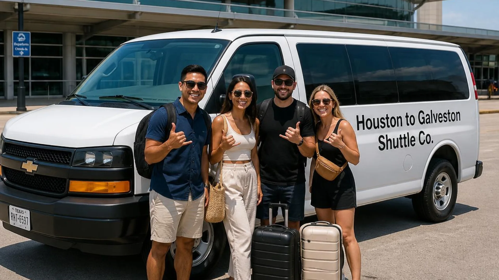 Four cruise passengers with suitcases beside a white Houston to Galveston Shuttle Co. shared van at the IAH departures curb