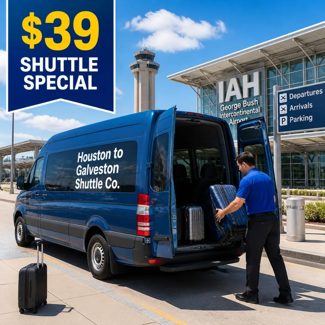 Luggage being loaded into a Houston to Galveston shuttle at the airport terminal for a cruise port transfer